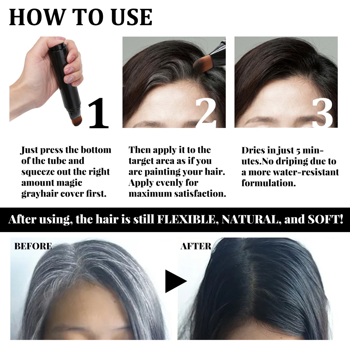 GDBadais Disposable Plant Hair Stick, Hair Without Damage Repair Color Black Brown Quick White Hair Cover Stick