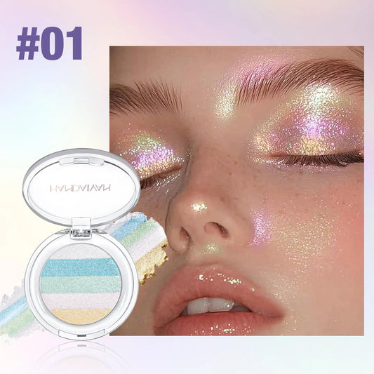 HANDAIYAN Rainbow Highlighter | 5-Color Glitter (Suitable for Face & Eyes). Specially designed to create a multidimensional, dazzling glow, it is the perfect choice for crafting ethereal, dreamy looks filled with whimsical color.