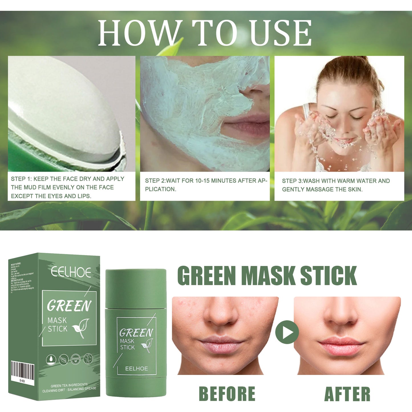 GDBadais Green Tea Solid Mask, Deep Cleansing Hydrating Mask Stick Pore-Narrowing Paste Mask Stick