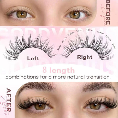 SOSLAYCICI Natural Cluster False Eyelashes D-Curl 320 pcs 40D Curl Mixed Lengths 9-10mm Ultra-Thin Bands DIY Kit with Bond Seal Tweezers Remover & Glue Beauty Supplies