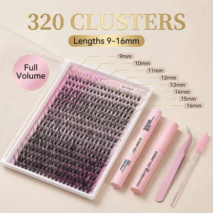 SOSIAY CICI 320PCS Lash Clusters Kit 40D Curl 9-16mm Thick Long False Eyelashes with Adhesive Tweezers Brush Removal Tools & Free Clear Glue for Salon-Level Volumizing Lashes at Home