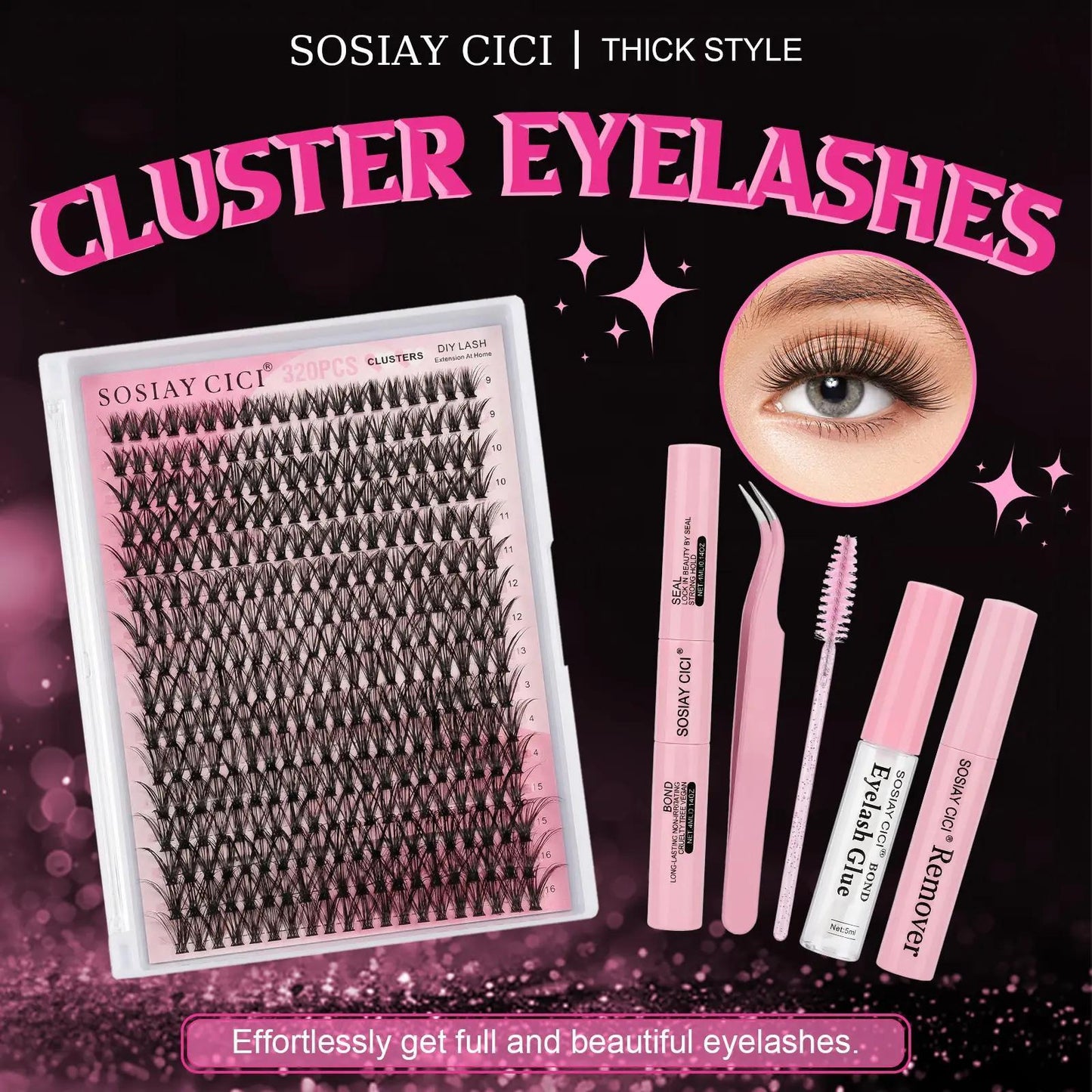 SOSIAY CICI 320PCS Lash Clusters Kit 40D Curl 9-16mm Thick Long False Eyelashes with Adhesive Tweezers Brush Removal Tools & Free Clear Glue for Salon-Level Volumizing Lashes at Home