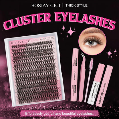 SOSIAY CICI 320PCS Lash Clusters Kit 40D Curl 9-16mm Thick Long False Eyelashes with Adhesive Tweezers Brush Removal Tools & Free Clear Glue for Salon-Level Volumizing Lashes at Home