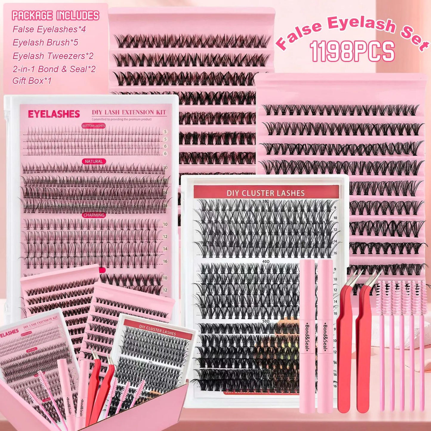 Amazing value eyelash set! A 6-box mixed gift set containing 2080 lashes, including two sets of tools: a volumizing set and a natural/mixed set for lower lashes. D-curl, suitable for all makeup looks and beginners.