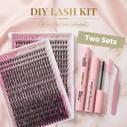 SOSIAY CICI 320PCS Lash Clusters Kit 40D Curl 9-16mm Thick Long False Eyelashes with Adhesive Tweezers Brush Removal Tools & Free Clear Glue for Salon-Level Volumizing Lashes at Home