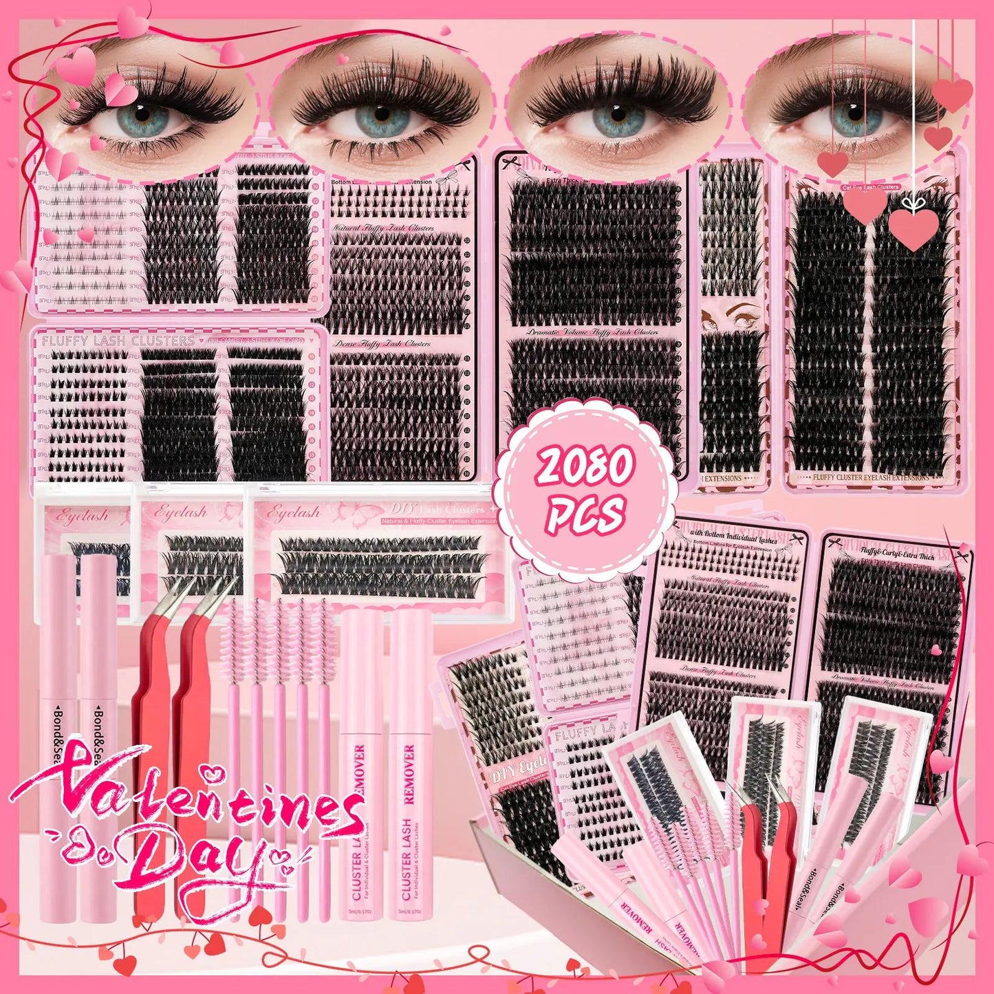 Amazing value eyelash set! A 6-box mixed gift set containing 2080 lashes, including two sets of tools: a volumizing set and a natural/mixed set for lower lashes. D-curl, suitable for all makeup looks and beginners.