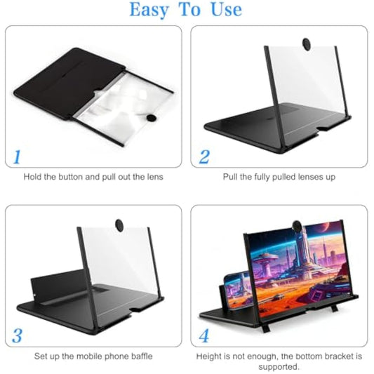 12 Inch Phone Screen Magnifier, HD Foldable Portable Screen Amplifier with Stand for Movies & Gaming, Universal Smartphone Viewer Gift for Men (Black)