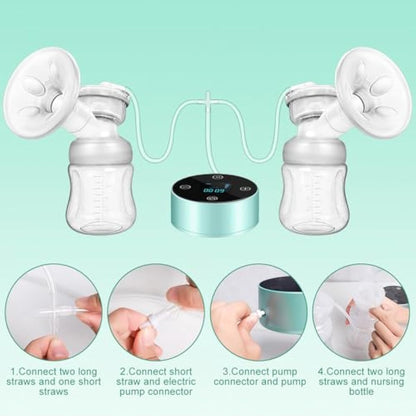 Hands-Free Electric Breast Pump with Strong Suction & Ultra Quiet Design, Double Rechargeable Breastfeeding Pump for Home & On-the-Go, 3 Modes & 9 Levels Massage, Anti-Backflow, LED Display, BPA-Free, Portable Nursing Pump with 24mm Flange
