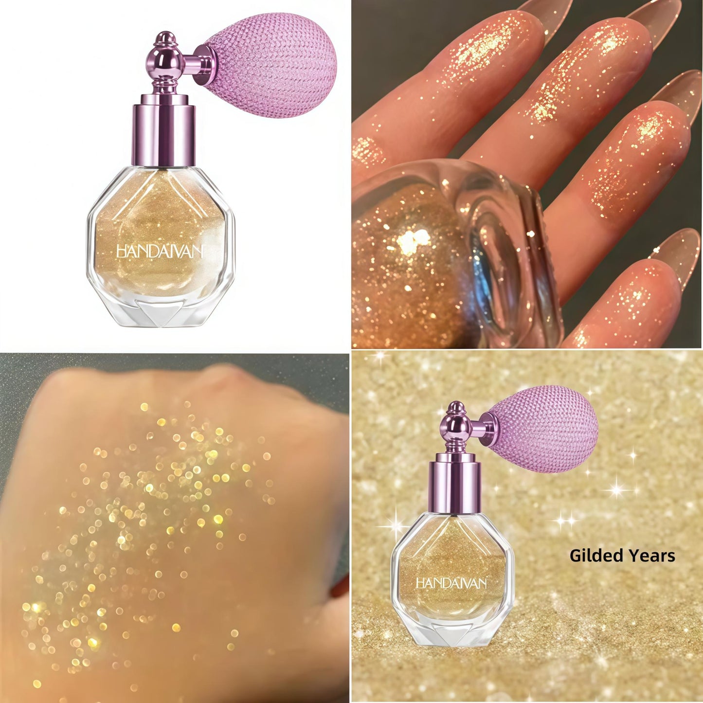 Body glitter spray, loose powder shimmer spray, fine glitter highlighter, suitable for carnivals, music festivals, parties, rave parties, rave costumes, hair, face, nail art, and other occasions.