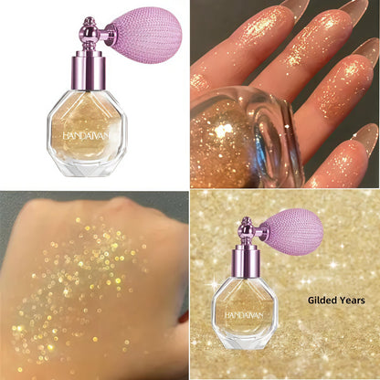 Body glitter spray, loose powder shimmer spray, fine glitter highlighter, suitable for carnivals, music festivals, parties, rave parties, rave costumes, hair, face, nail art, and other occasions.