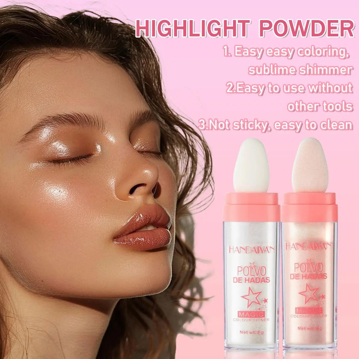 Pearlescent Shimmer Highlighting & Contouring Puff Powder - 2 Shades (White, Pink) - Premium Formula for Face, Body, Lips, Eyes - Lightweight & Non-Greasy - Easy Application - Multi-Use Glitter Powder for Special Occasions - Highlighter Stick