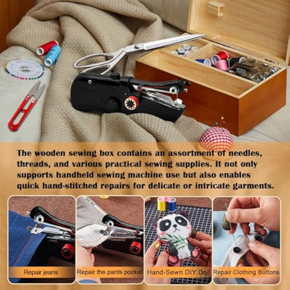 Handheld Sewing Machine with Exquisite Wooden Storage Box & 142-Piece Sewing Kit - Electric Switch, Dual Power Supply, Assorted Needles, Threads, Heavy Duty Scissors - Meets All Household Sewing Needs
