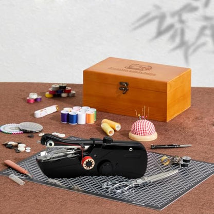 Handheld Sewing Machine with Exquisite Wooden Storage Box & 142-Piece Sewing Kit - Electric Switch, Dual Power Supply, Assorted Needles, Threads, Heavy Duty Scissors - Meets All Household Sewing Needs