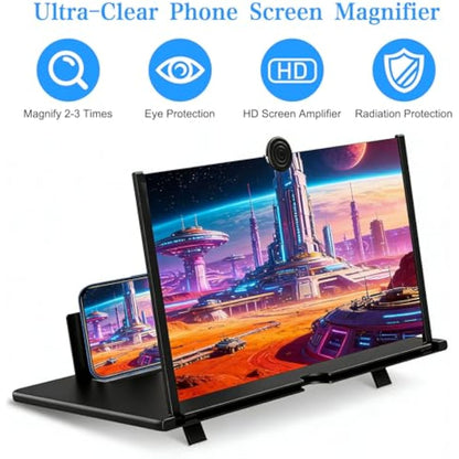 12 Inch Phone Screen Magnifier, HD Foldable Portable Screen Amplifier with Stand for Movies & Gaming, Universal Smartphone Viewer Gift for Men (Black)