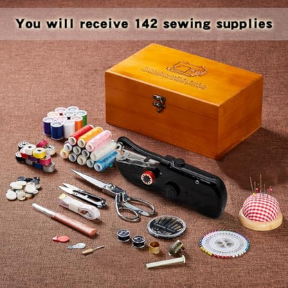 Handheld Sewing Machine with Exquisite Wooden Storage Box & 142-Piece Sewing Kit - Electric Switch, Dual Power Supply, Assorted Needles, Threads, Heavy Duty Scissors - Meets All Household Sewing Needs