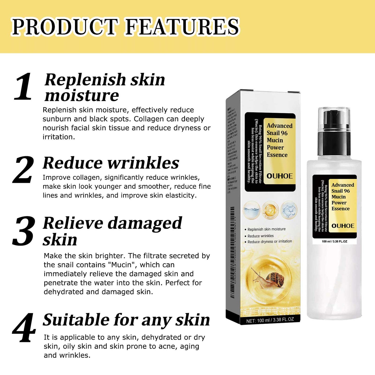 GDBadais Snail 96 Collagen Power Essence, Repair Skin Barrier Moisturizing And Fading Dark Spots Snail Essence