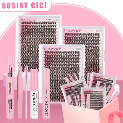 SOSLAYCICI Natural Cluster False Eyelashes D-Curl 320 pcs 40D Curl Mixed Lengths 9-10mm Ultra-Thin Bands DIY Kit with Bond Seal Tweezers Remover & Glue Beauty Supplies