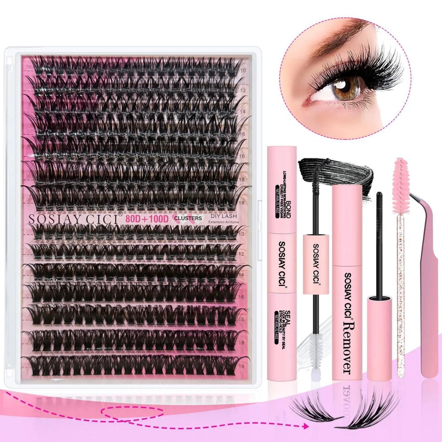 80D + 100D Voluminous Cluster False Eyelashes | Soft, Fine-Band Lash Clusters (Includes 2 Adhesives, Setting Solution, and Remover) — 280 Clusters, 10–18mm Mixed Lengths — Enables Easy DIY Lash Extensions at Home