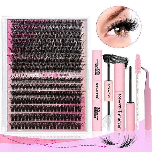 80D + 100D Voluminous Cluster False Eyelashes | Soft, Fine-Band Lash Clusters (Includes 2 Adhesives, Setting Solution, and Remover) — 280 Clusters, 10–18mm Mixed Lengths — Enables Easy DIY Lash Extensions at Home