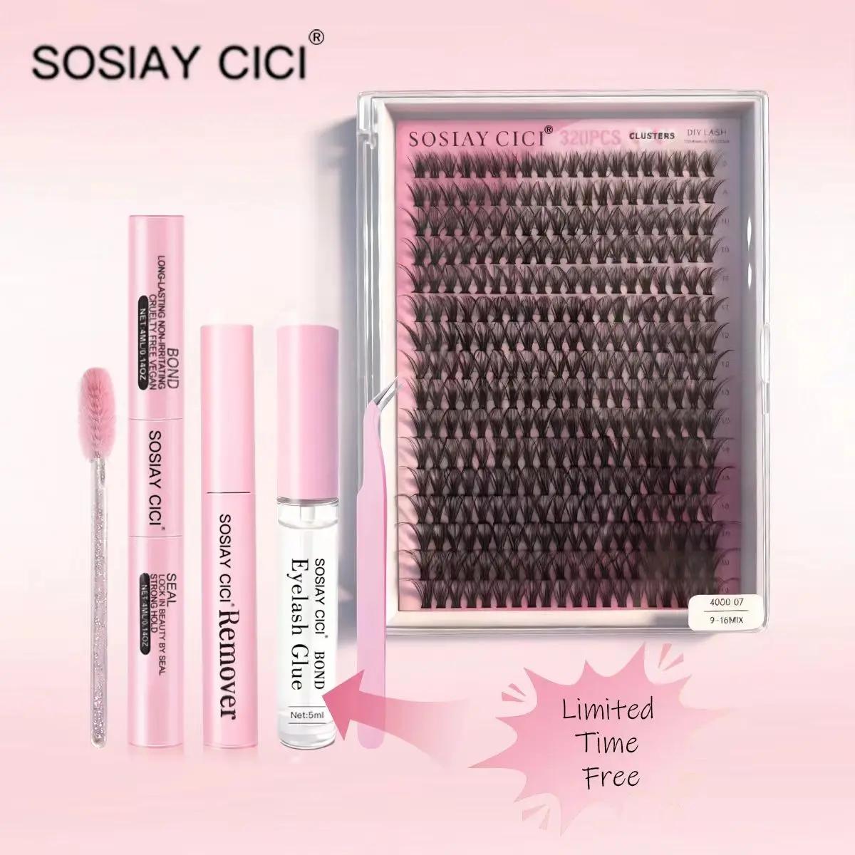 SOSLAYCICI Natural Cluster False Eyelashes D-Curl 320 pcs 40D Curl Mixed Lengths 9-10mm Ultra-Thin Bands DIY Kit with Bond Seal Tweezers Remover & Glue Beauty Supplies