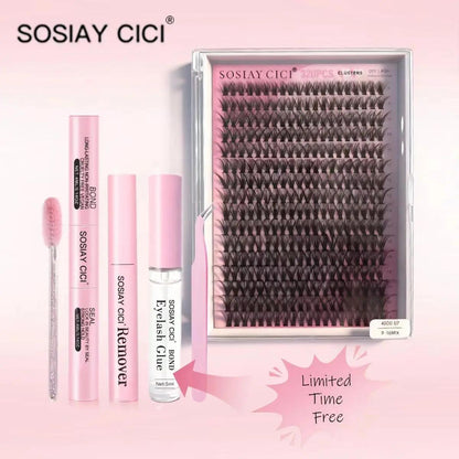 SOSLAYCICI Natural Cluster False Eyelashes D-Curl 320 pcs 40D Curl Mixed Lengths 9-10mm Ultra-Thin Bands DIY Kit with Bond Seal Tweezers Remover & Glue Beauty Supplies