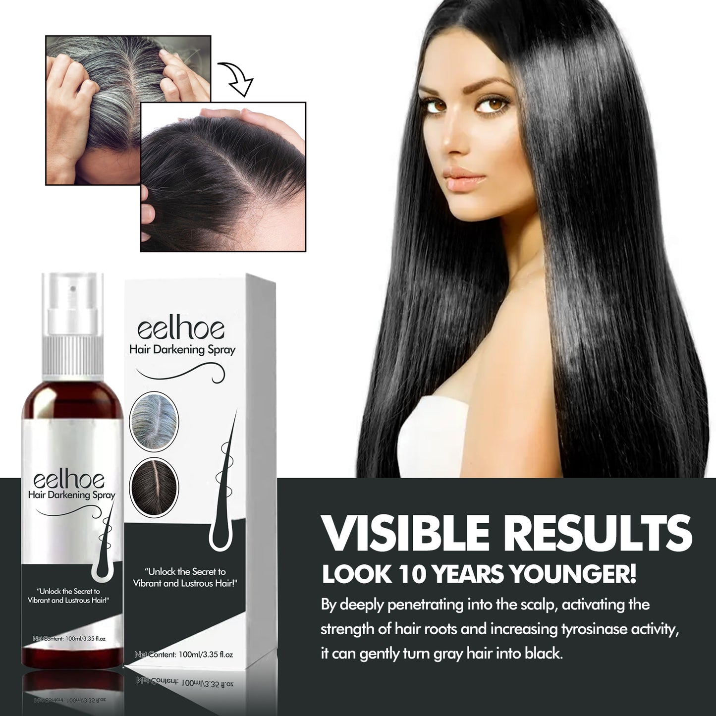 GDBadais Hair Darkening Spray, Natural Black Hair Cover White Hair Smooth Shiny Moisturizing Dense Hair Conditioning Spray