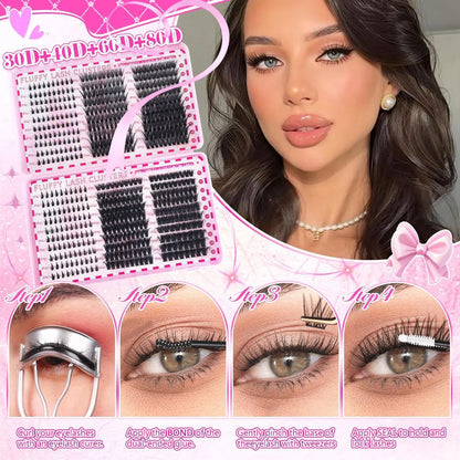 All-in-One Mixed Length Lash Clusters Kit Individual False Eyelash Extension Set, Wispy Volume Manga Ultra Dramatic Styles with Pikes Bottom Lashes, Includes Lash Bond&Seal, Remover, Tweezers, Brush, Eyelash Curler for Easy DIY At Home Lash Makeup