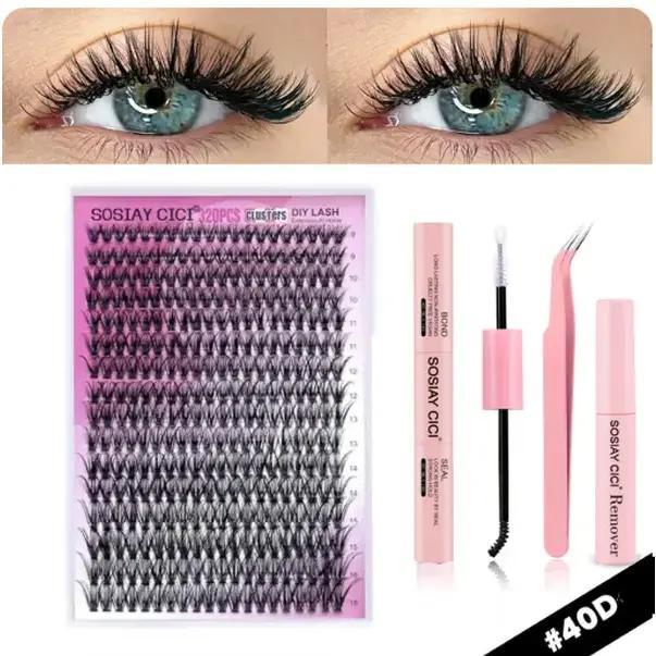 SOSIAY CICI Lightweight & Elongating Cluster False Eyelash Kit 40D Curl 320 Clusters 9-16mm Natural Voluminous DIY Lash Extensions with Soft Ultra-Thin Bands & Complete Tool Kit