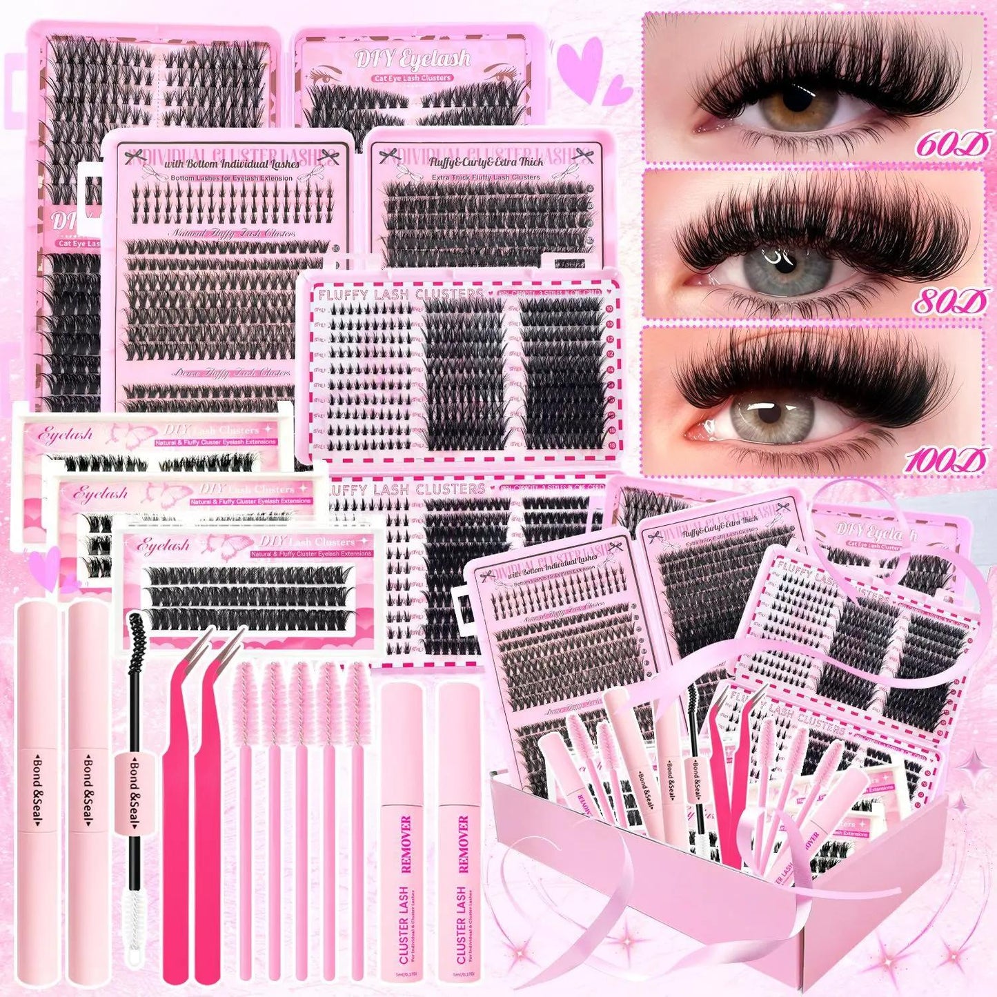 All-in-One Mixed Length Lash Clusters Kit Individual False Eyelash Extension Set, Wispy Volume Manga Ultra Dramatic Styles with Pikes Bottom Lashes, Includes Lash Bond&Seal, Remover, Tweezers, Brush, Eyelash Curler for Easy DIY At Home Lash Makeup