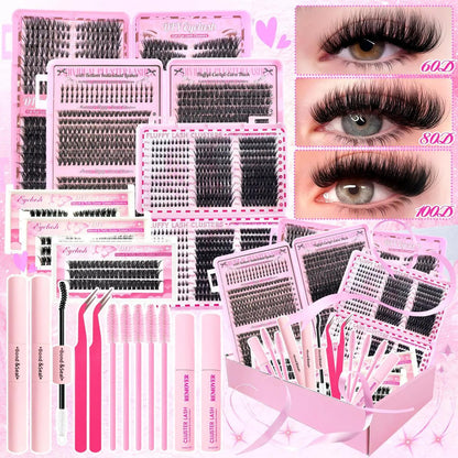 All-in-One Mixed Length Lash Clusters Kit Individual False Eyelash Extension Set, Wispy Volume Manga Ultra Dramatic Styles with Pikes Bottom Lashes, Includes Lash Bond&Seal, Remover, Tweezers, Brush, Eyelash Curler for Easy DIY At Home Lash Makeup