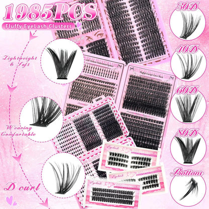 All-in-One Mixed Length Lash Clusters Kit Individual False Eyelash Extension Set, Wispy Volume Manga Ultra Dramatic Styles with Pikes Bottom Lashes, Includes Lash Bond&Seal, Remover, Tweezers, Brush, Eyelash Curler for Easy DIY At Home Lash Makeup