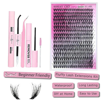 80D + 100D Voluminous Cluster False Eyelashes | Soft, Fine-Band Lash Clusters (Includes 2 Adhesives, Setting Solution, and Remover) — 280 Clusters, 10–18mm Mixed Lengths — Enables Easy DIY Lash Extensions at Home