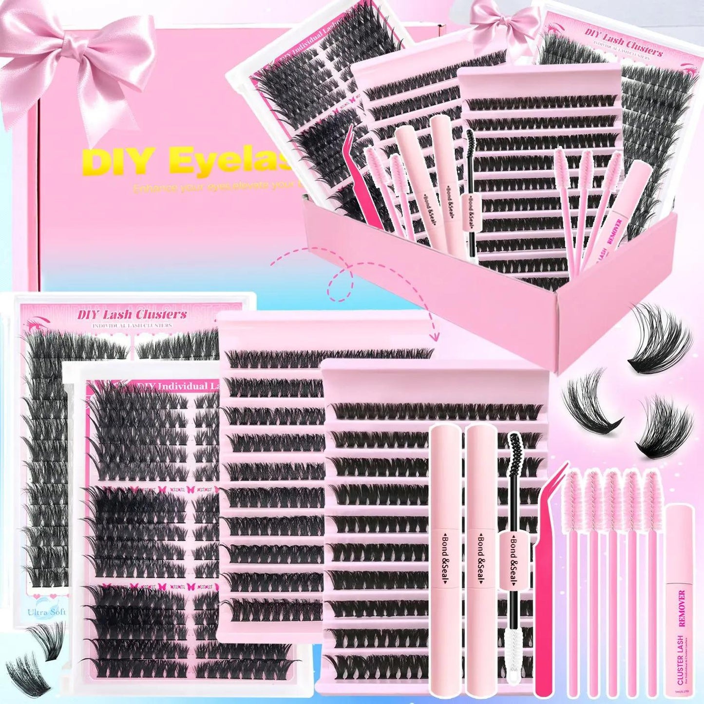 Amazing value eyelash set! A 6-box mixed gift set containing 2080 lashes, including two sets of tools: a volumizing set and a natural/mixed set for lower lashes. D-curl, suitable for all makeup looks and beginners.
