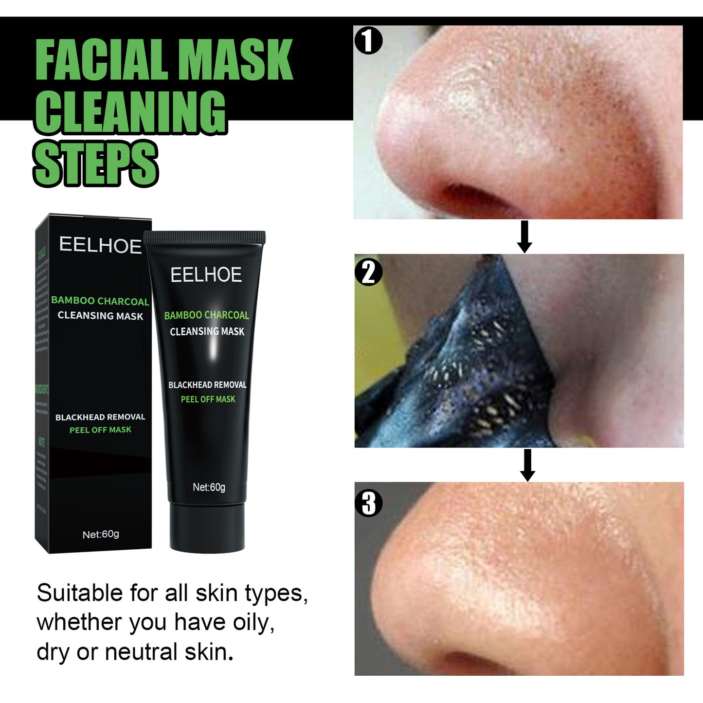 GDBadais Bamboo Charcoal Blackhead Removal Mask, Deep Cleanse Pores And Acne T-Zone Oil Control With A Peel Mask