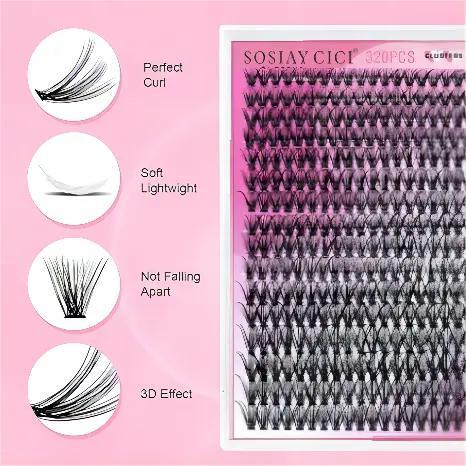 SOSIAY CICI Lightweight & Elongating Cluster False Eyelash Kit 40D Curl 320 Clusters 9-16mm Natural Voluminous DIY Lash Extensions with Soft Ultra-Thin Bands & Complete Tool Kit
