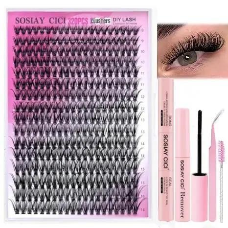 SOSIAY CICI Lightweight & Elongating Cluster False Eyelash Kit 40D Curl 320 Clusters 9-16mm Natural Voluminous DIY Lash Extensions with Soft Ultra-Thin Bands & Complete Tool Kit