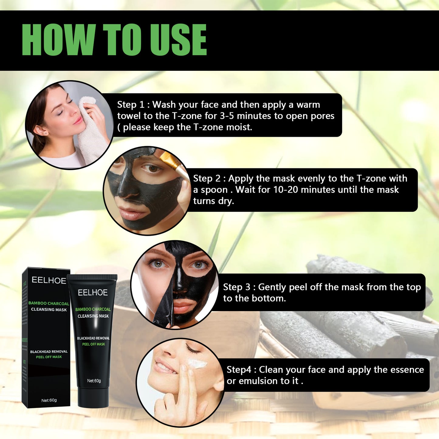 GDBadais Bamboo Charcoal Blackhead Removal Mask, Deep Cleanse Pores And Acne T-Zone Oil Control With A Peel Mask