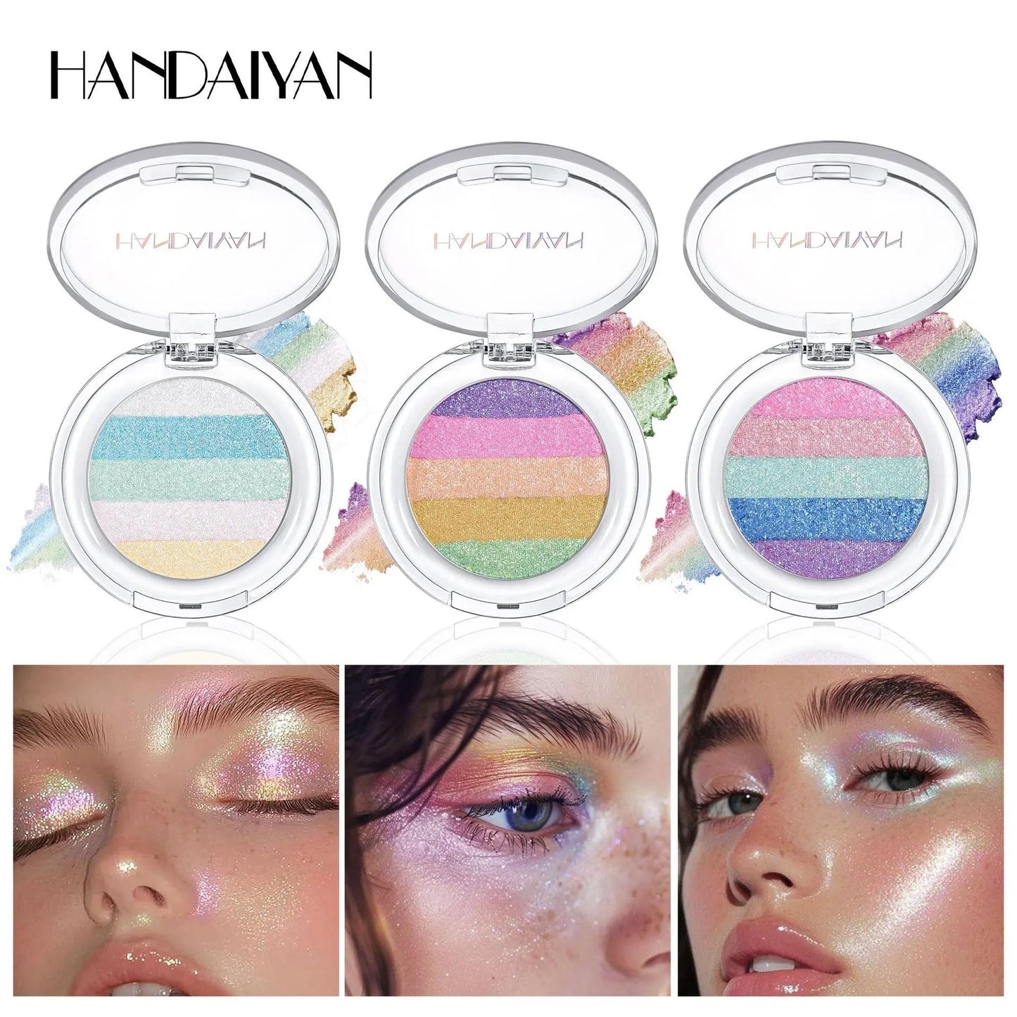 HANDAIYAN Color-Shifting Diamond Rainbow Eyeshadow Palette & Multi-Chrome Face Highlighter Palette — Versatile, Long-Lasting Pigmentation, High Saturation; Mix and Match to Create Your Own Signature Iridescent Look.