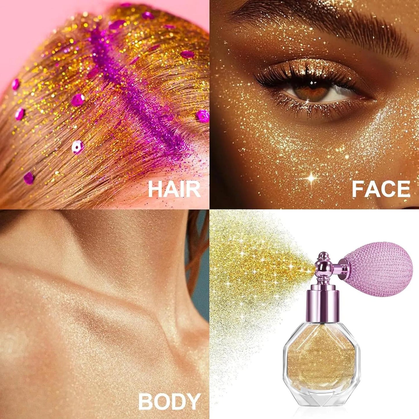 HANDAIYAN Diamond Shimmer Highlighter Powder Spray - Waterproof, Smudge-Proof, Matte Finish, Long-Lasting, Fade-Resistant, Compact, Portable, for Body, Face, Hair, Clothes, High Gloss Glitter, Makeup Essential - Cosmetic