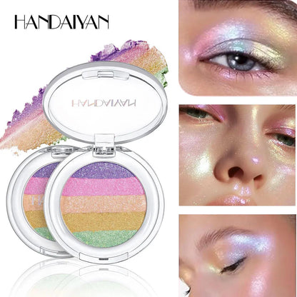 HANDAIYAN Rainbow Highlighter | 5-Color Glitter (Suitable for Face & Eyes). Specially designed to create a multidimensional, dazzling glow, it is the perfect choice for crafting ethereal, dreamy looks filled with whimsical color.