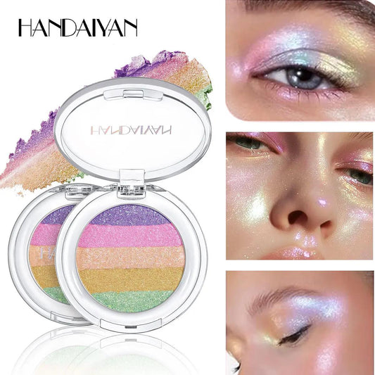 HANDAIYAN Rainbow Highlighter | 5-Color Glitter (Suitable for Face & Eyes). Specially designed to create a multidimensional, dazzling glow, it is the perfect choice for crafting ethereal, dreamy looks filled with whimsical color.
