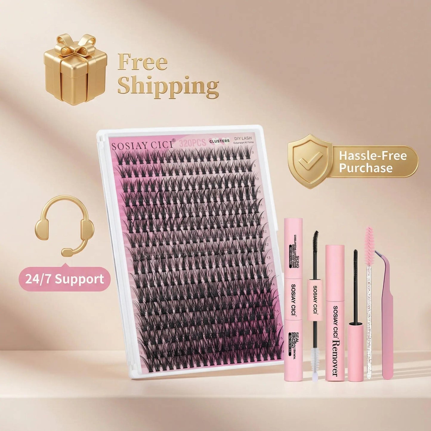 SOSIAY CICI 320PCS Lash Clusters Kit 40D Curl 9-16mm Thick Long False Eyelashes with Adhesive Tweezers Brush Removal Tools & Free Clear Glue for Salon-Level Volumizing Lashes at Home