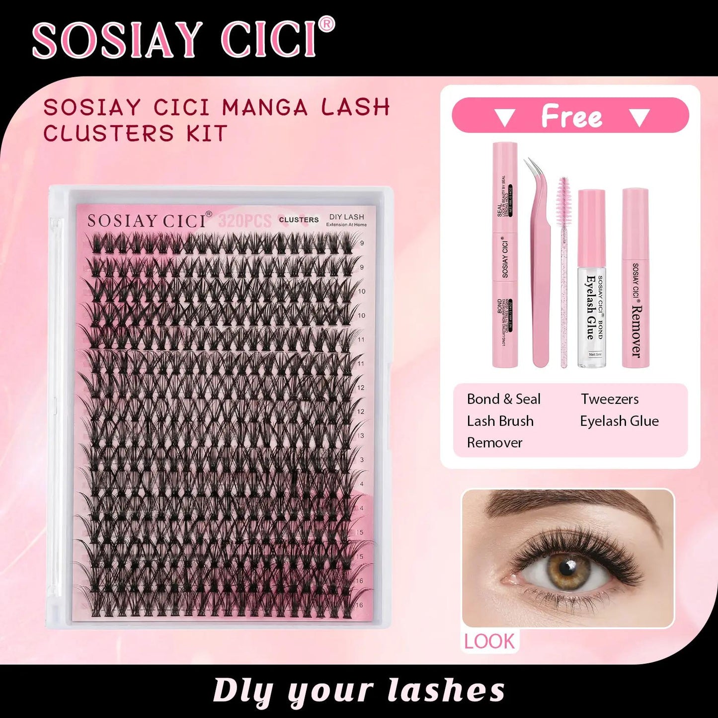 SOSIAY CICI Volumizing 40D Curled Single Lashes 320 Pieces Comic Book Lash Kit with Free Glue & Remover for Beginners HALIDAYHAUL Gift - Cosmetic