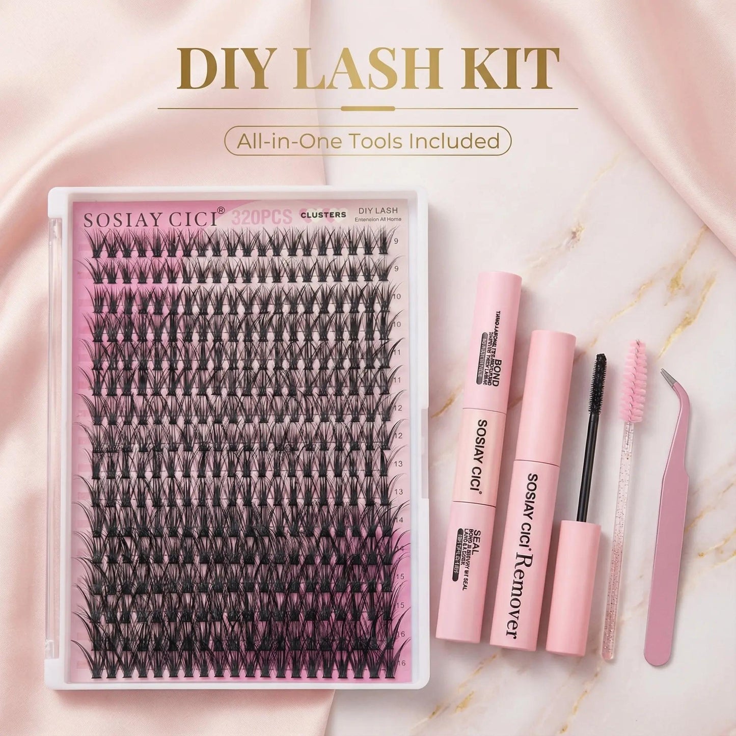 SOSIAY CICI 320PCS Lash Clusters Kit 40D Curl 9-16mm Thick Long False Eyelashes with Adhesive Tweezers Brush Removal Tools & Free Clear Glue for Salon-Level Volumizing Lashes at Home