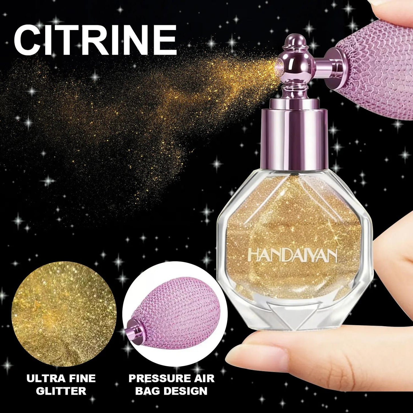 Body glitter spray, loose powder shimmer spray, fine glitter highlighter, suitable for carnivals, music festivals, parties, rave parties, rave costumes, hair, face, nail art, and other occasions.