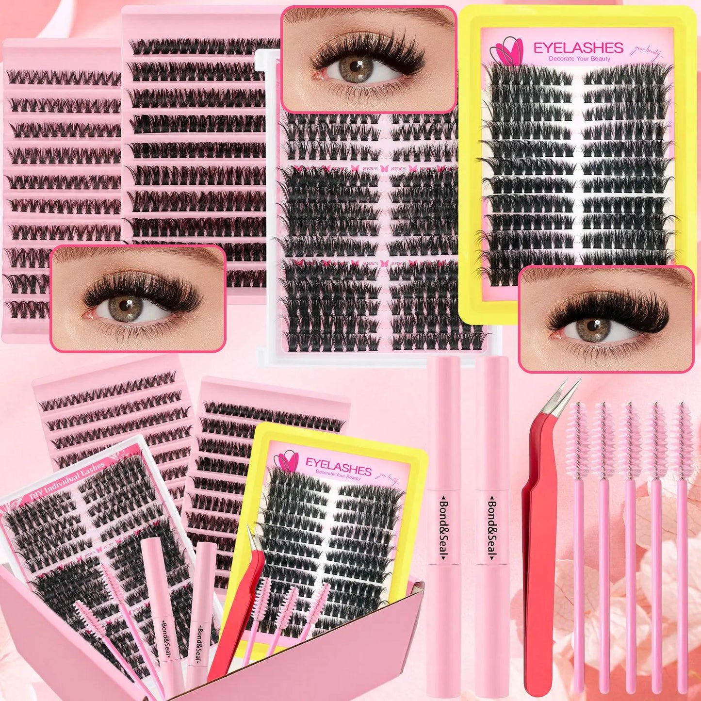 Amazing value eyelash set! A 6-box mixed gift set containing 2080 lashes, including two sets of tools: a volumizing set and a natural/mixed set for lower lashes. D-curl, suitable for all makeup looks and beginners.