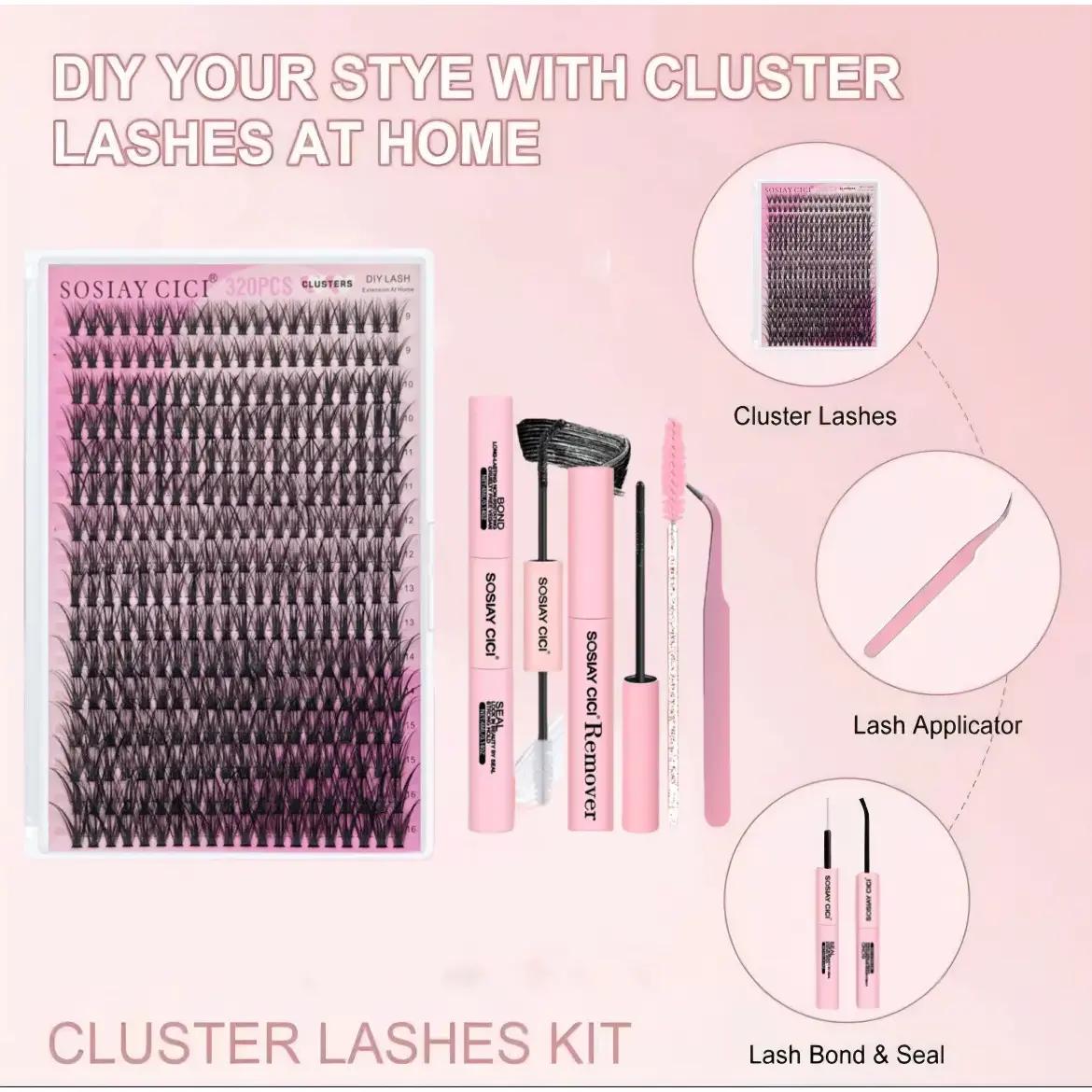 SOSIAY CICI DIY Eyelash Extension Kit - 320-Cluster Grafting Toolset with 9-16mm 40D Clusters, Adhesive, Sealant, Remover, & Curler for Natural Long-Lasting Lashes at Home