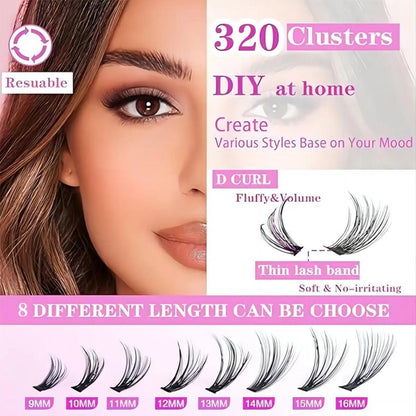 80D + 100D Voluminous Cluster False Eyelashes | Soft, Fine-Band Lash Clusters (Includes 2 Adhesives, Setting Solution, and Remover) — 280 Clusters, 10–18mm Mixed Lengths — Enables Easy DIY Lash Extensions at Home