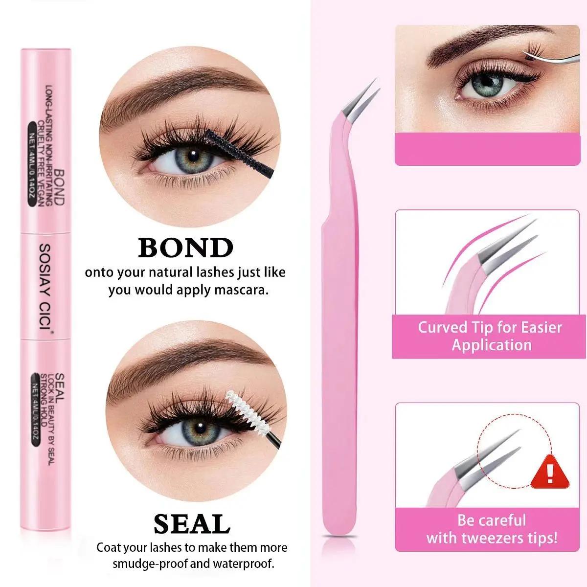 SOSLAYCICI Natural Cluster False Eyelashes D-Curl 320 pcs 40D Curl Mixed Lengths 9-10mm Ultra-Thin Bands DIY Kit with Bond Seal Tweezers Remover & Glue Beauty Supplies